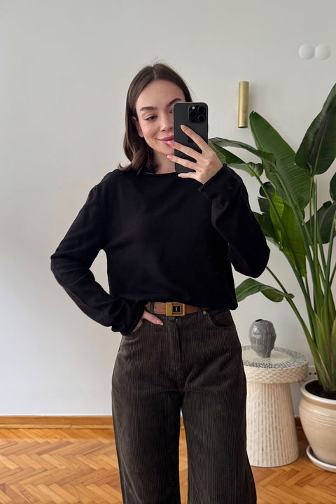 Yeni Model Kayık Yaka Triko Bluz- SİYAH