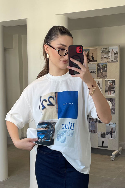 Yeni Sezon Blue Baskılı Tişört- KREM