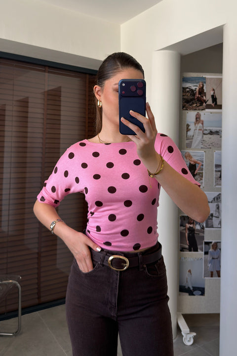 Yeni Sezon Yarım Kol Puantiye Detay Bluz- PEMBE