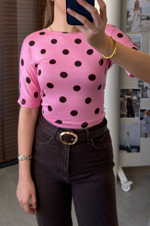 Yeni Sezon Yarım Kol Puantiye Detay Bluz- PEMBE