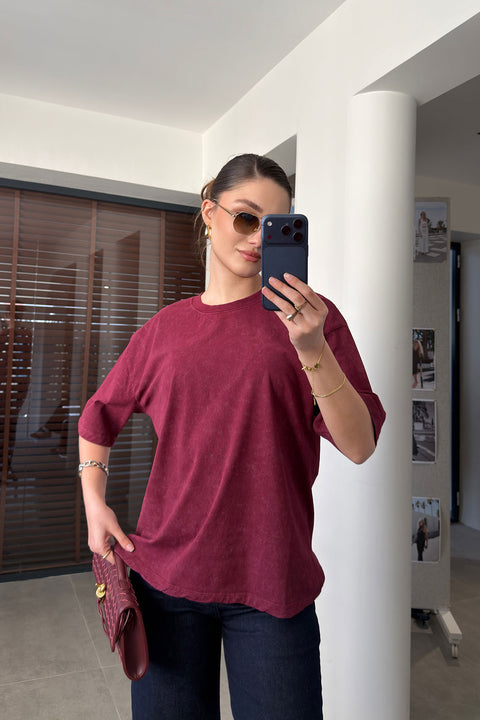 Yıkamalı Bisiklet Yaka Premium Tişört- BORDO