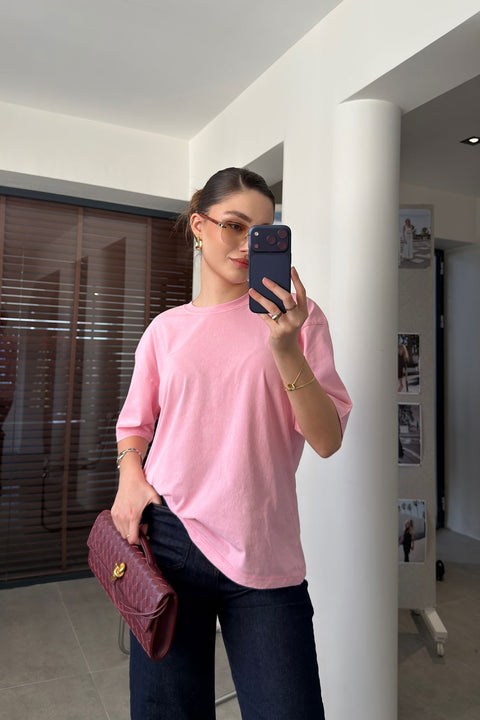 Yıkamalı Bisiklet Yaka Premium Tişört- PEMBE