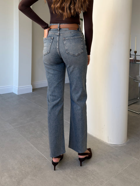 Yüksek Bel Kesik Paça Straight Fit Jean- MAVİ
