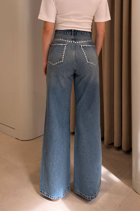 Zımba Detaylı Wide Leg Jean- KOYU LACİVERT