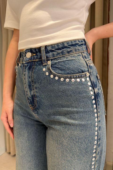Zımba Detaylı Wide Leg Jean- KOYU LACİVERT